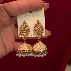 Elegant Gold and Cream Jhumka Earrings
